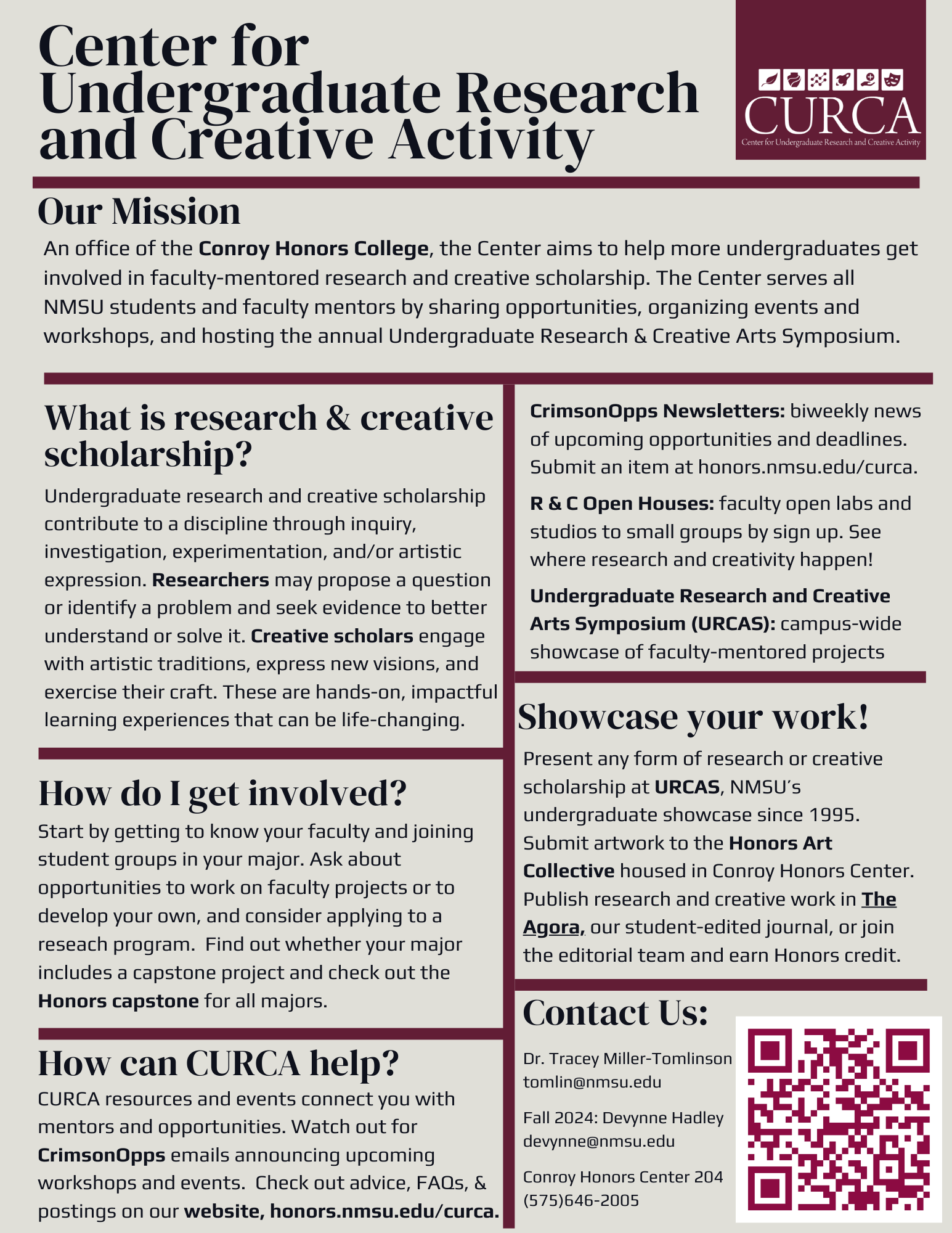 Overview of CURCA opportunities: workshops, open houses, symposium, art collective, and journal.