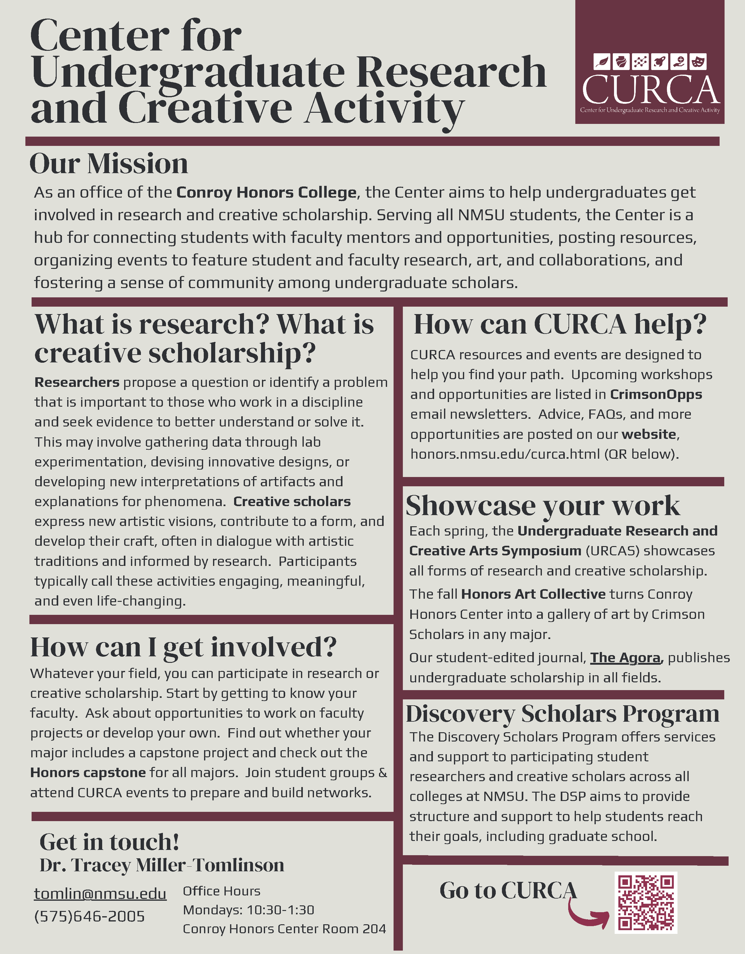 Overview of CURCA opportunities: workshops, open houses, symposium, art collective, and journal.