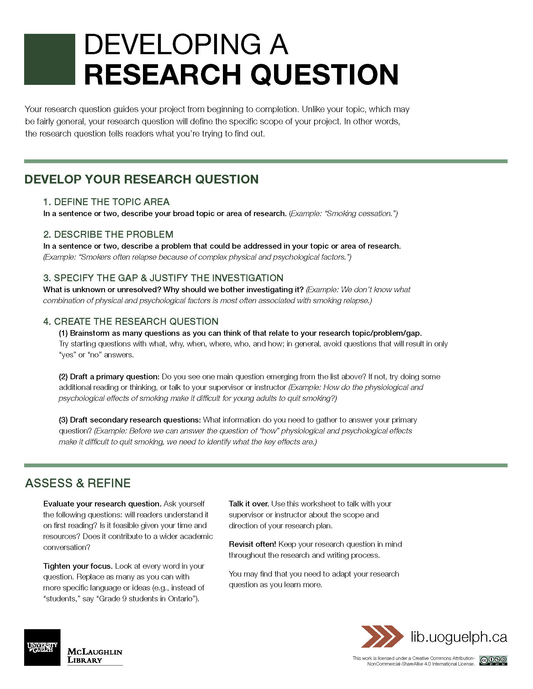 This exercise helps you narrow your question to one that is feasible, interesting, novel, ethical, and researchable with the materials you have.