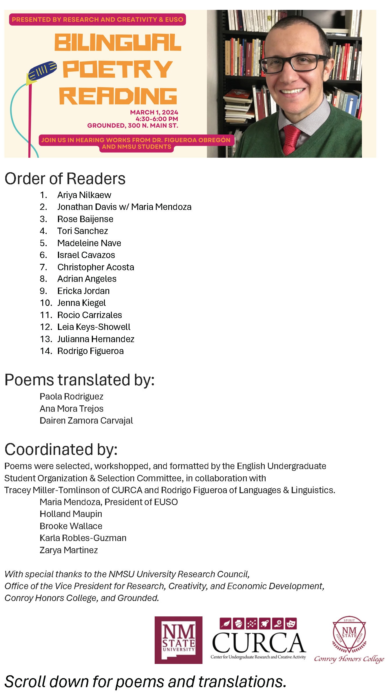 Program for Bilingual Poetry Reading on March 1, 2024.