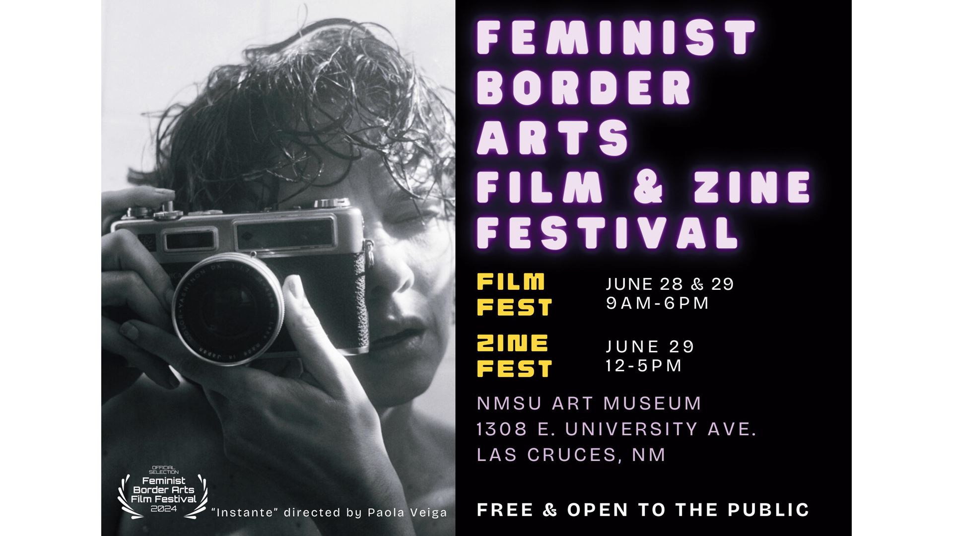 Feminist Border Arts Film Festival poster, with photographer looking through the camera lens