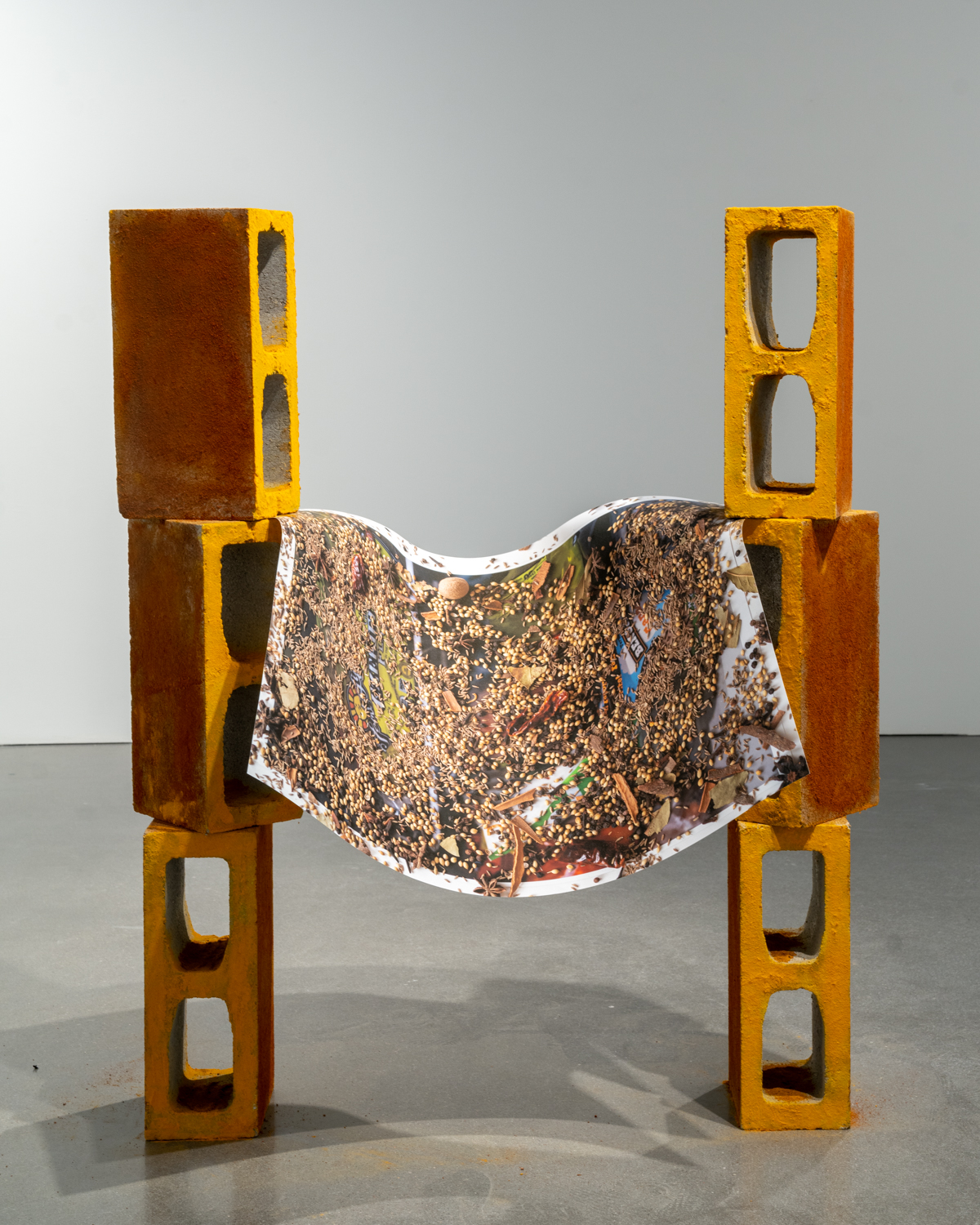 Yashoda Latkar, Masala Mess, Cinderblock, spice, inkjet print Installation